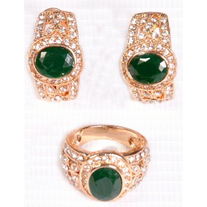 Golden Ring & Earing With Green And Small White Stone 